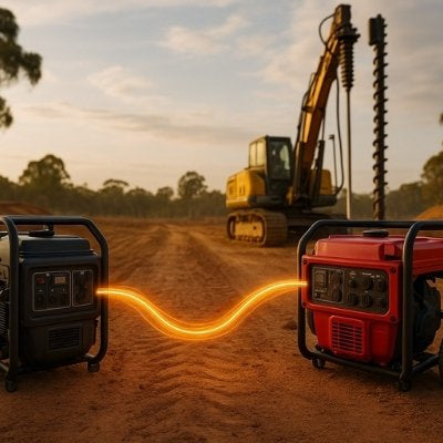 Two portable generators linked by glowing power line powering heavy drill on rural worksite