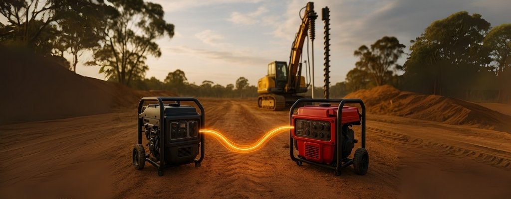 Two portable generators linked by glowing power line powering heavy drill on rural worksite