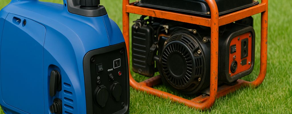 A high-resolution photograph showcasing a blue inverter generator and an orange portable generator on a well-maintained lawn, emphasizing their contrasting designs.
