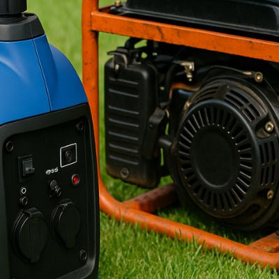 A high-resolution photograph showcasing a blue inverter generator and an orange portable generator on a well-maintained lawn, emphasizing their contrasting designs.