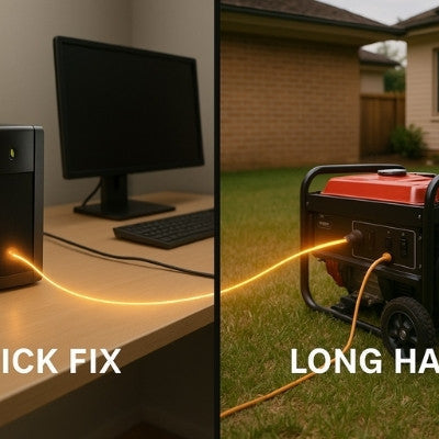Split screen showing UPS quick fix in home office and generator long haul in suburban backyard