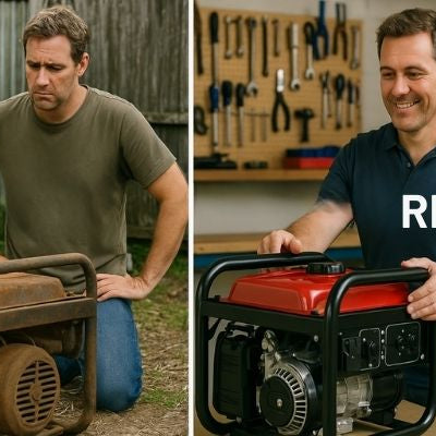Man comparing worn used generator to clean refurbished generator