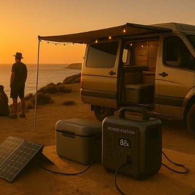 A family enjoys sunset at a remote coastal campsite with a portable power station powering appliances next to their rugged van