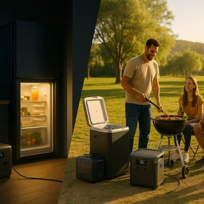 Versatile portable power station powering fridge in blackout and barbecue scenes Australia