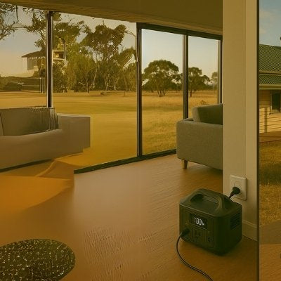 Power station charging via wall, solar, and 4WD across Australian landscape