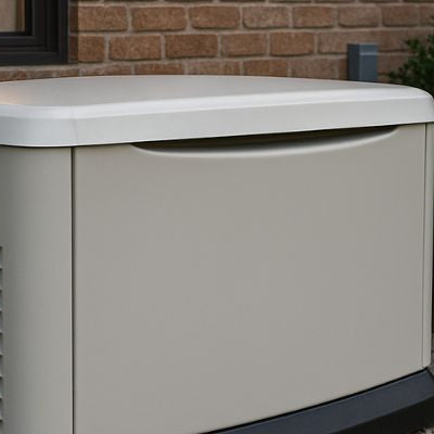 Standby generator installed beside a brick house with warm window glow.