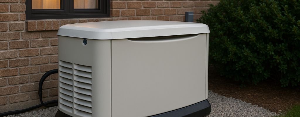 Standby generator installed beside a brick house with warm window glow.