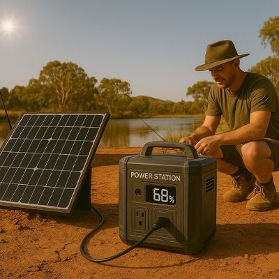 Portable power station charging in outback with fishing setup