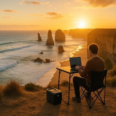 Person working remotely at portable desk overlooking Twelve Apostles at sunset