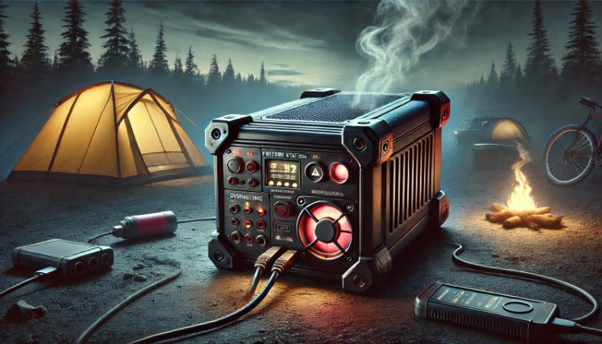 A worn-out portable power station emitting smoke, with disconnected cables and overheating effects at a campsite during dusk, illustrating its failure to power devices.