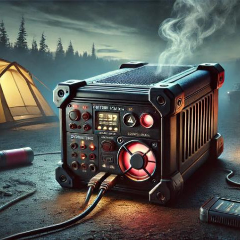 A worn-out portable power station emitting smoke, with disconnected cables and overheating effects at a campsite during dusk, illustrating its failure to power devices.