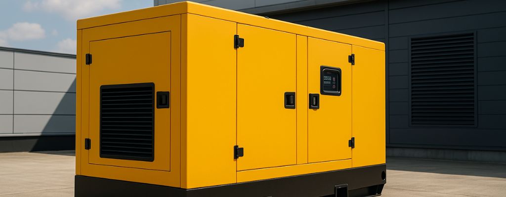 Bright yellow diesel generator positioned on a concrete surface beside a modern grey industrial building under a partly cloudy sky