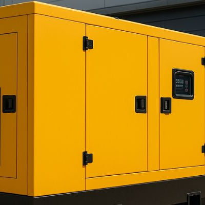 Bright yellow diesel generator positioned on a concrete surface beside a modern grey industrial building under a partly cloudy sky