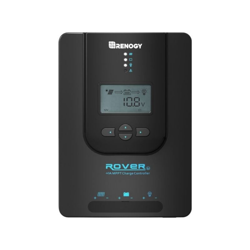 Renogy Rover 40A MPPT charge controller for portable solar power systems, featuring an LCD display and buttons for power management and battery charging
