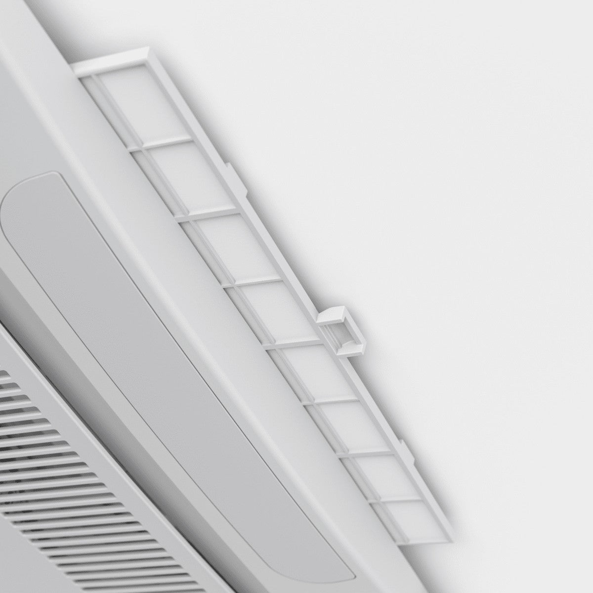 Close-up of the adjustable white louvre vanes on the air distribution box