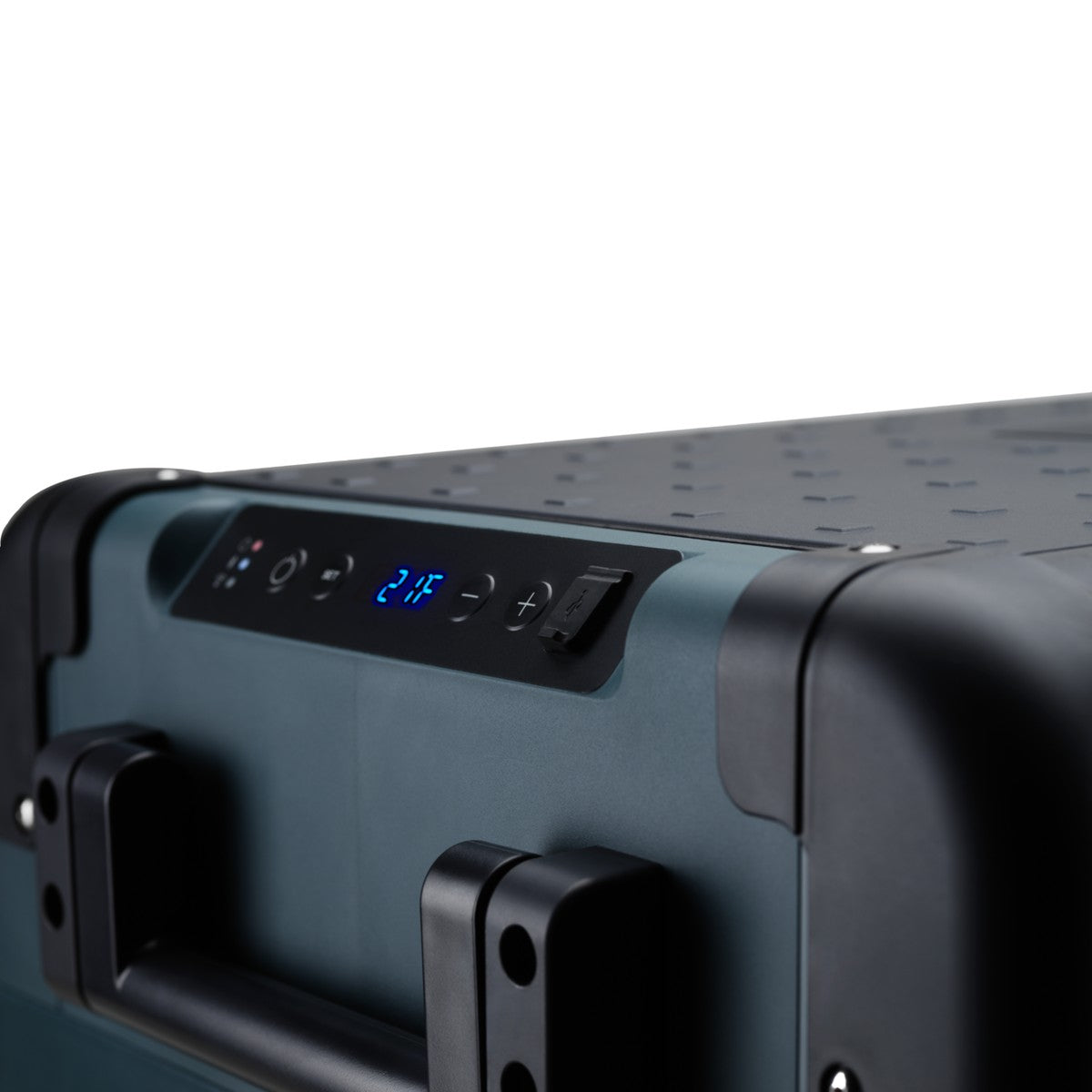 Close view of the Dometic CFX2 control panel and its blue backlit display