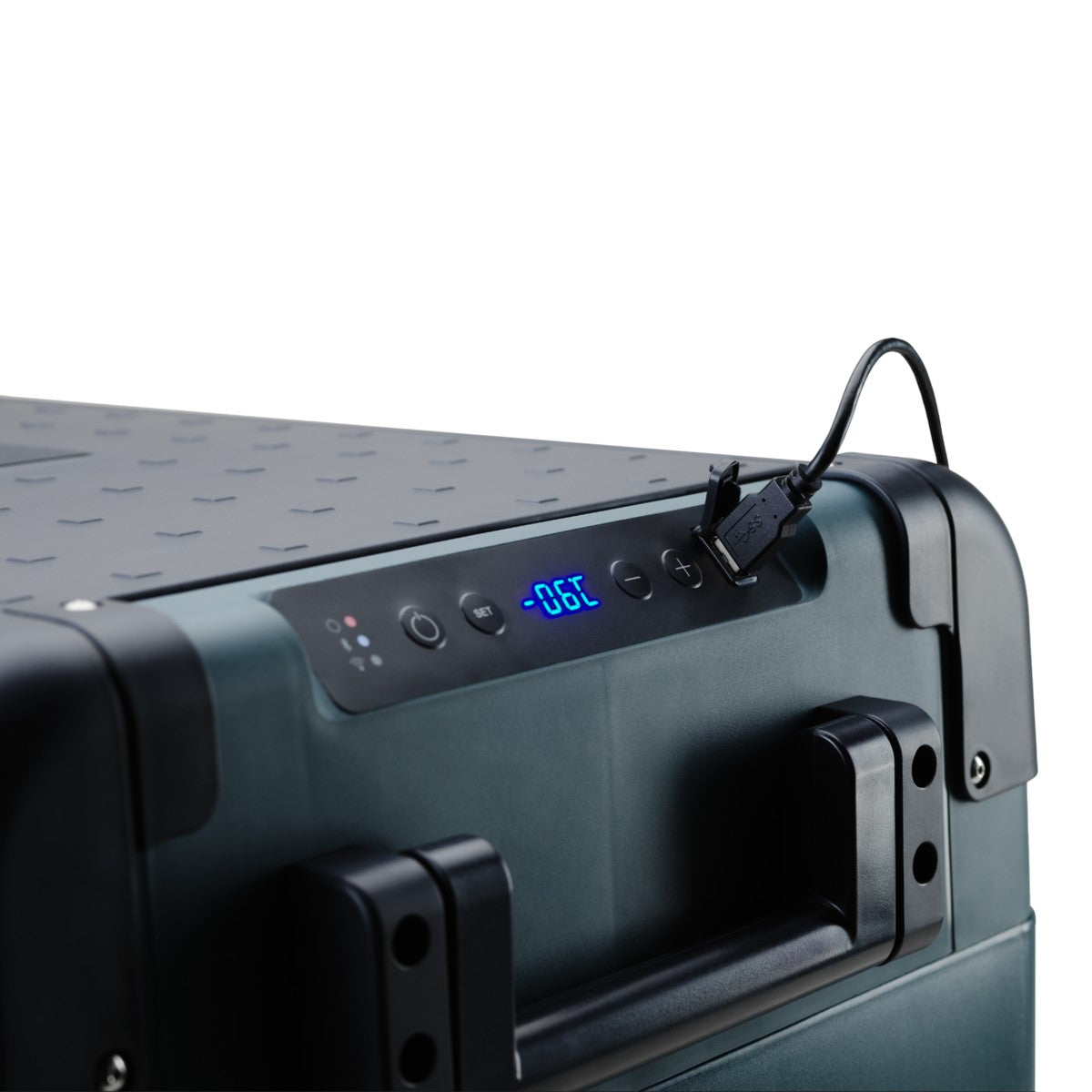 Detail of the Dometic CFX2 control panel with a cable plugged into the USB charging port