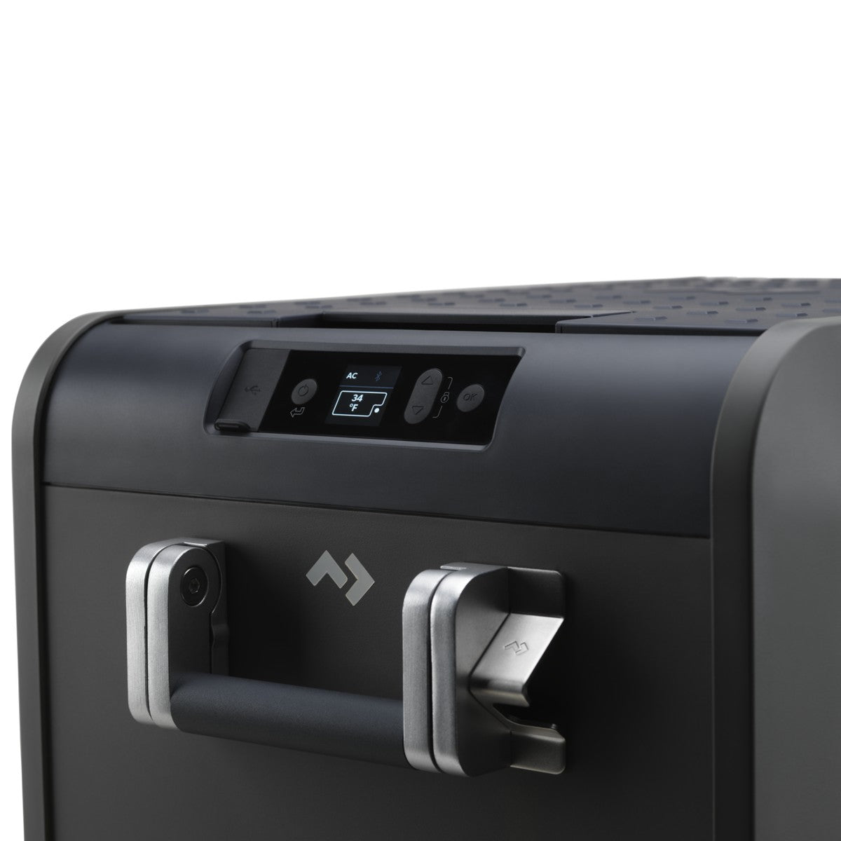 Close view of the Dometic CFX5 colour control display and the two folding aluminium handles