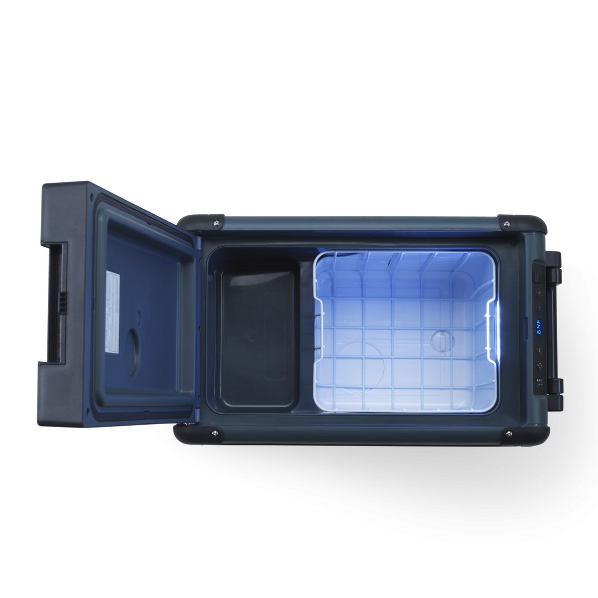 Dometic CFX2 28 with the lid open showing the removable wire basket and LED lit interior
