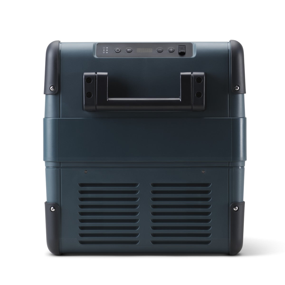 Dometic CFX2 37 seen square on from the long side showing the recessed handle and grille