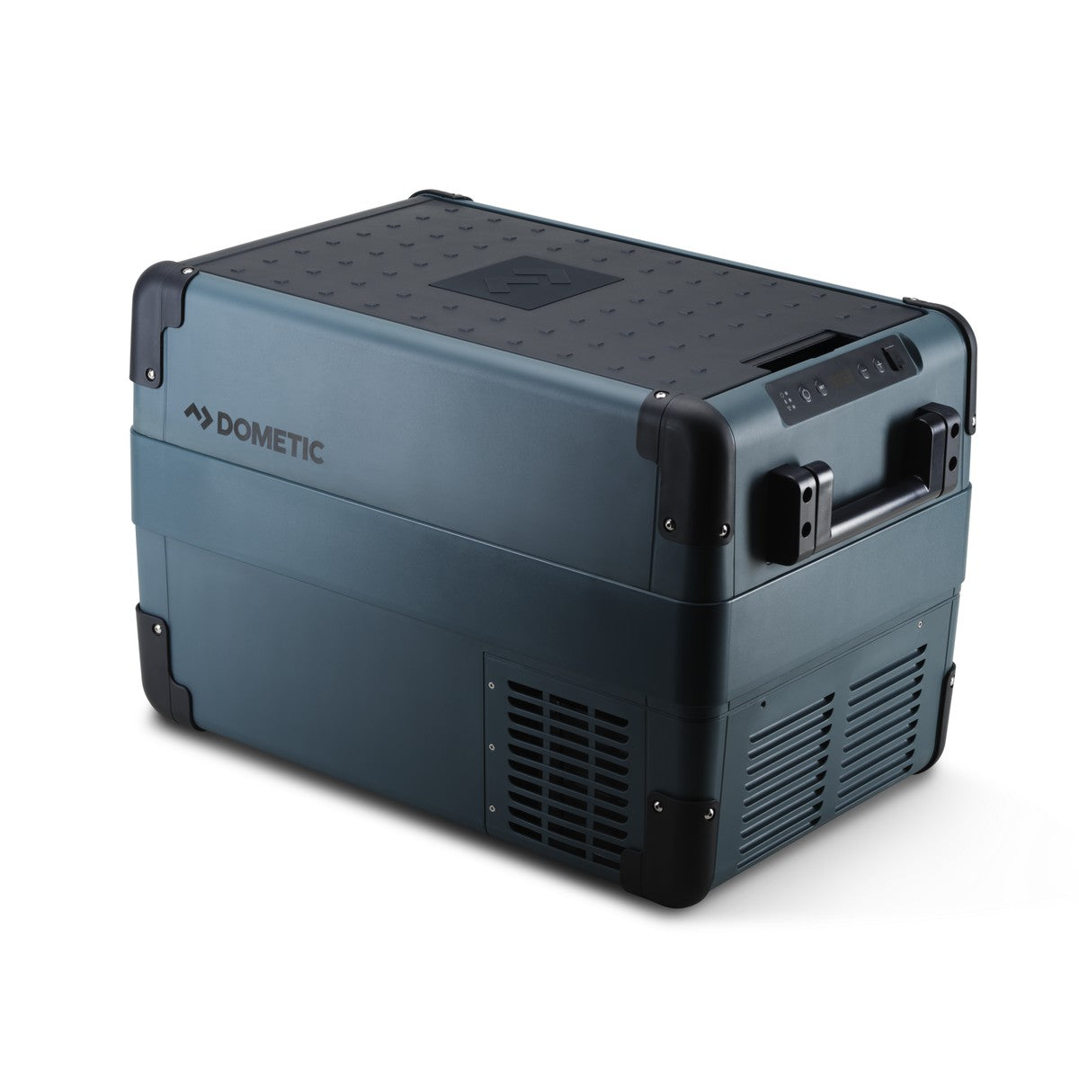 Dometic CFX2 37 portable fridge freezer at a three quarter angle showing the lid and side grille