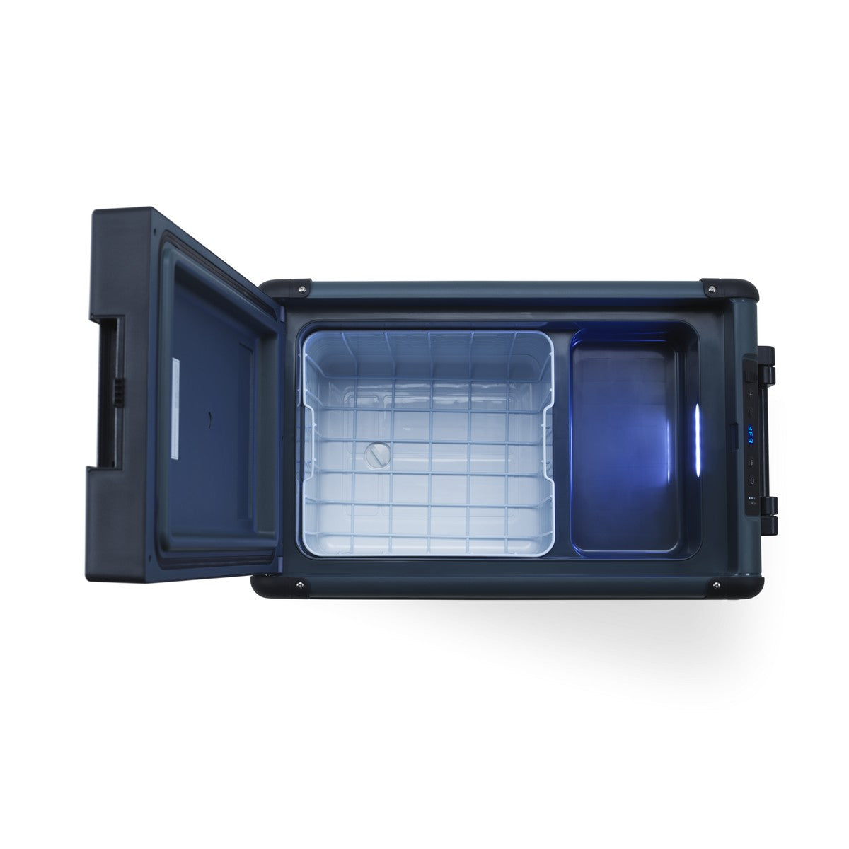 Dometic CFX2 37 with the lid open showing the removable wire basket and LED lit interior