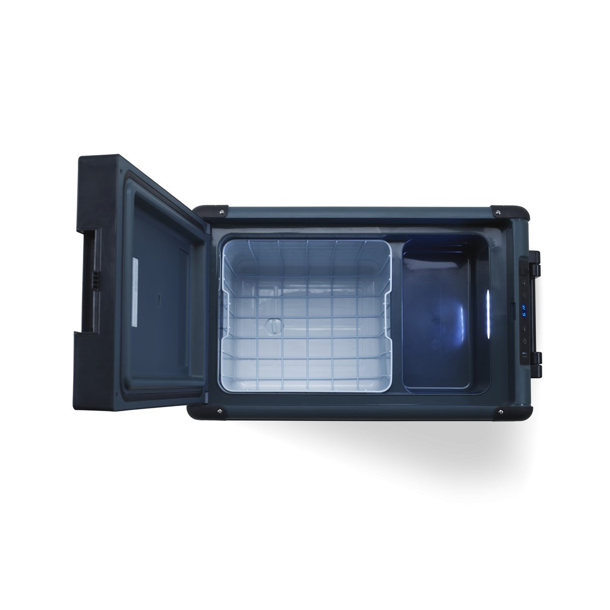 Dometic CFX2 45 with the lid open showing the removable wire basket and LED lit interior