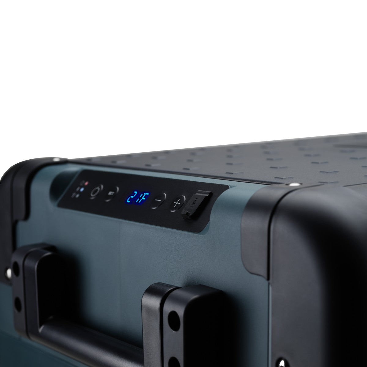 Close view of the Dometic CFX2 control panel and its blue backlit display