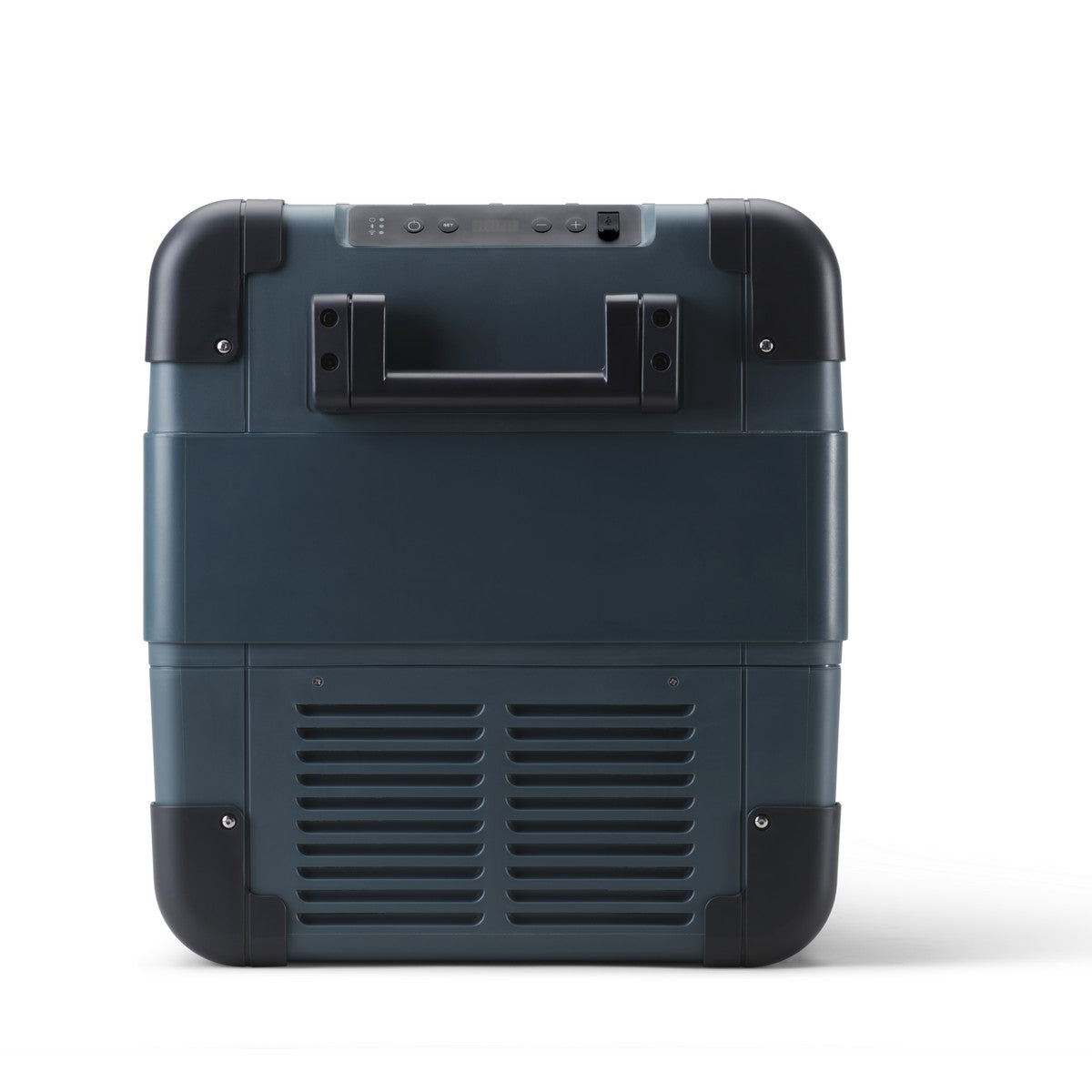 Dometic CFX2 57 seen square on from the end showing the handle and ventilation grille