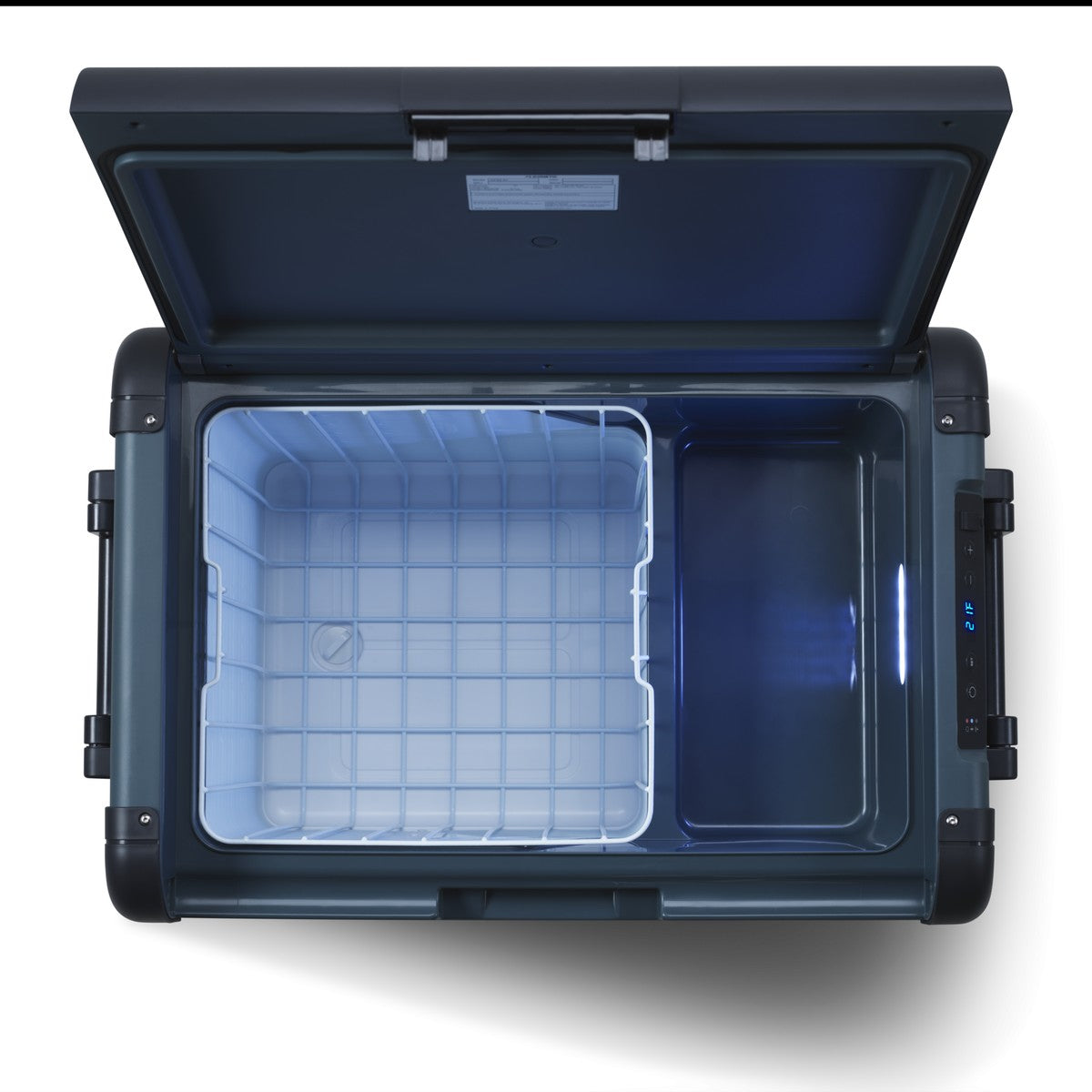 Dometic CFX2 57 with the lid open showing the wire basket, the divider and the LED lit interior