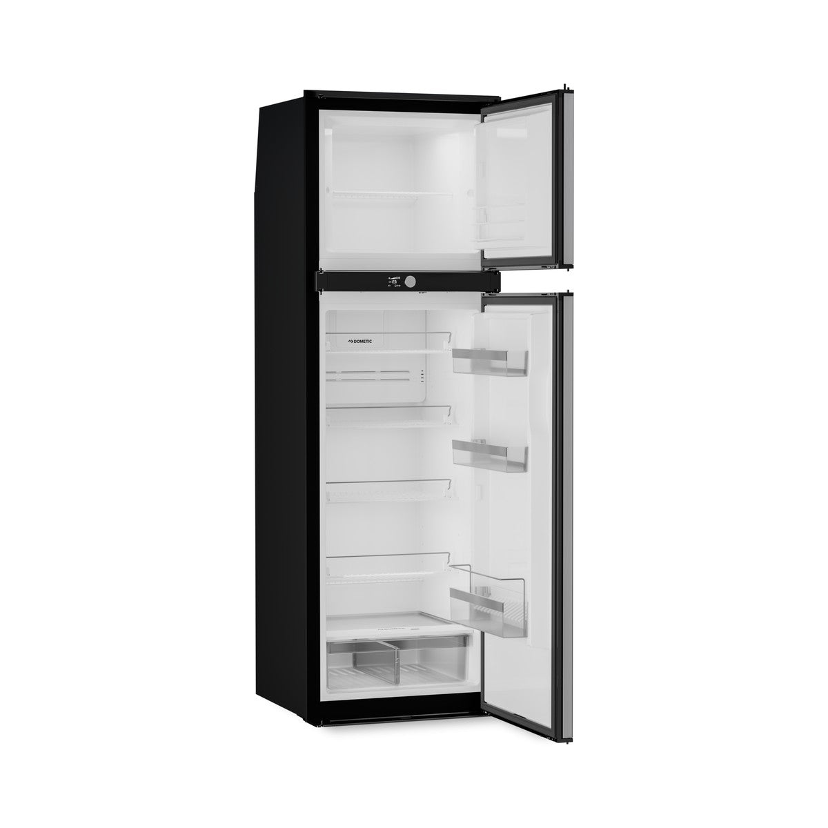 Black RUA 8508X caravan fridge freezer with both doors open showing the shelves