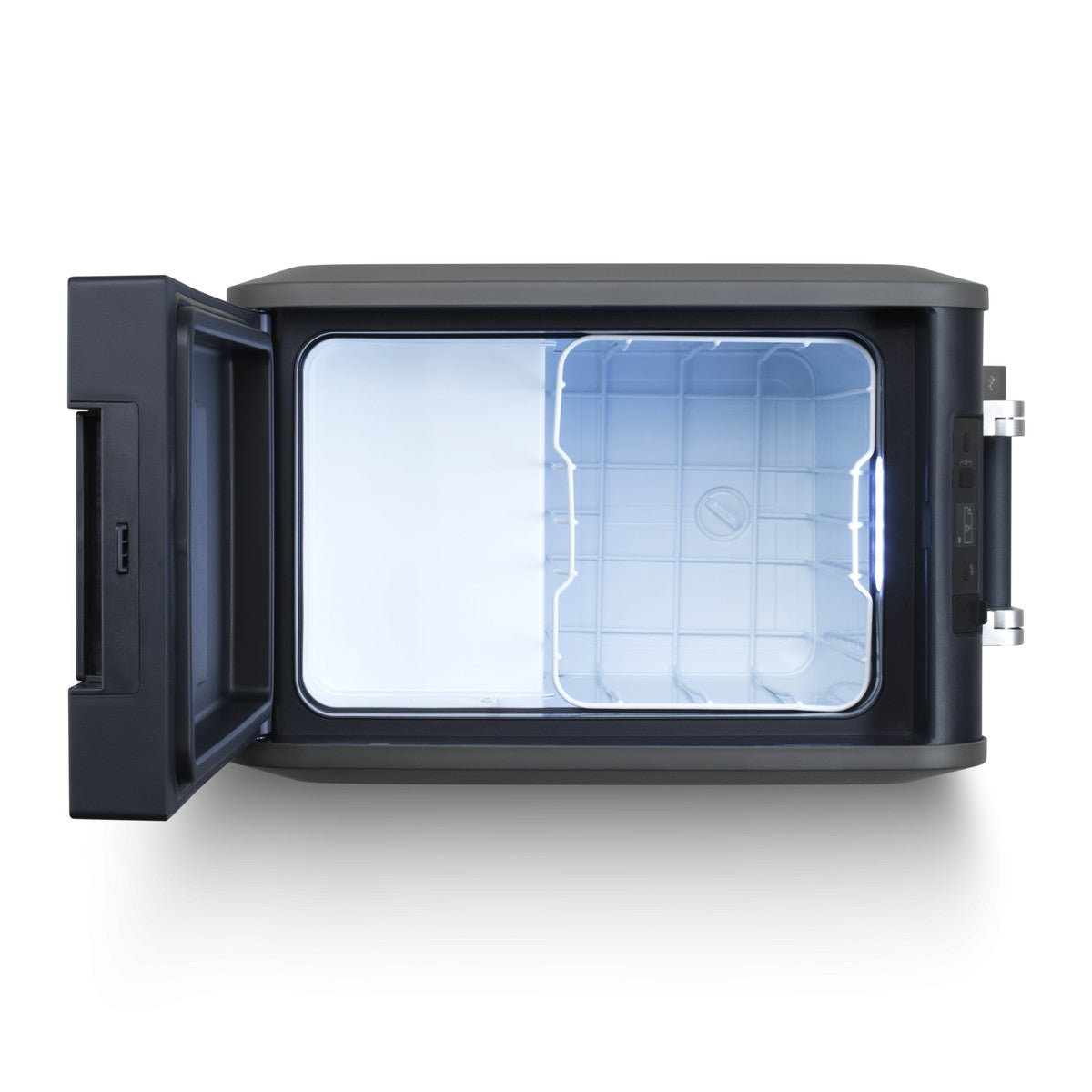 Dometic CFX5 25 with the lid open showing the removable wire basket and LED lit interior