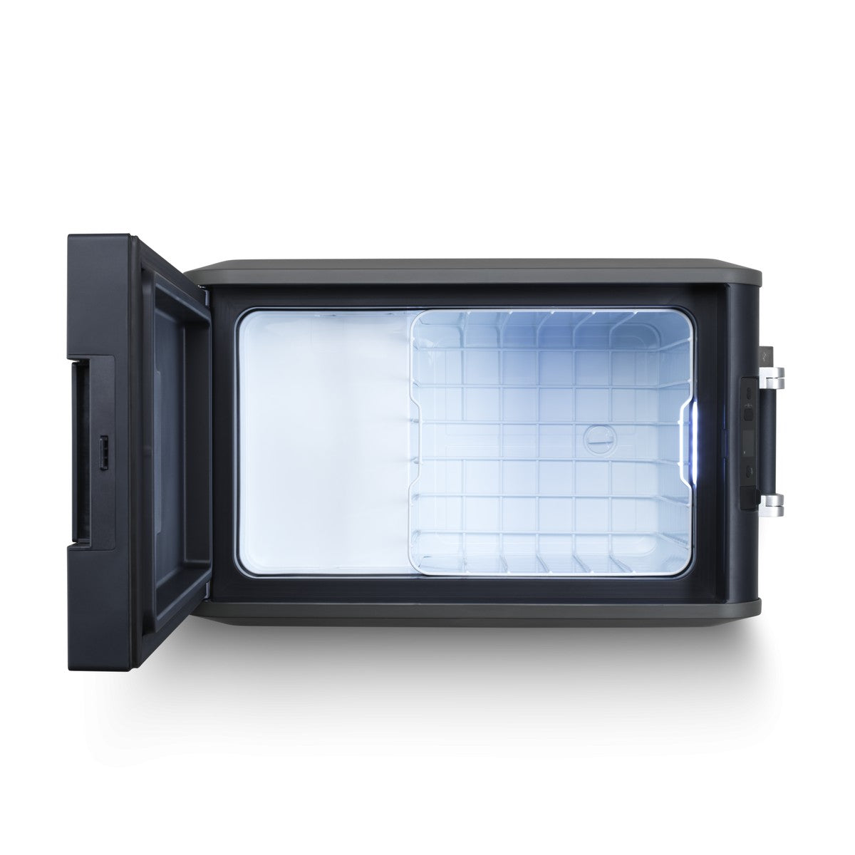 Dometic CFX5 35 with the lid open showing the removable wire basket and LED lit interior