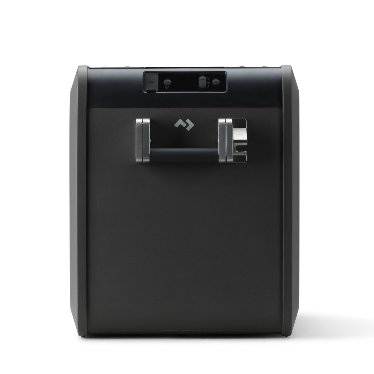 End view of the Dometic CFX5 45 showing the control panel recess and both carry handles