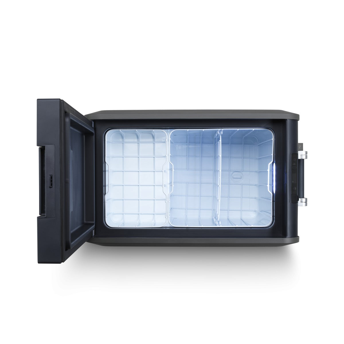 Dometic CFX5 45 with the lid open showing the removable wire basket and LED lit interior