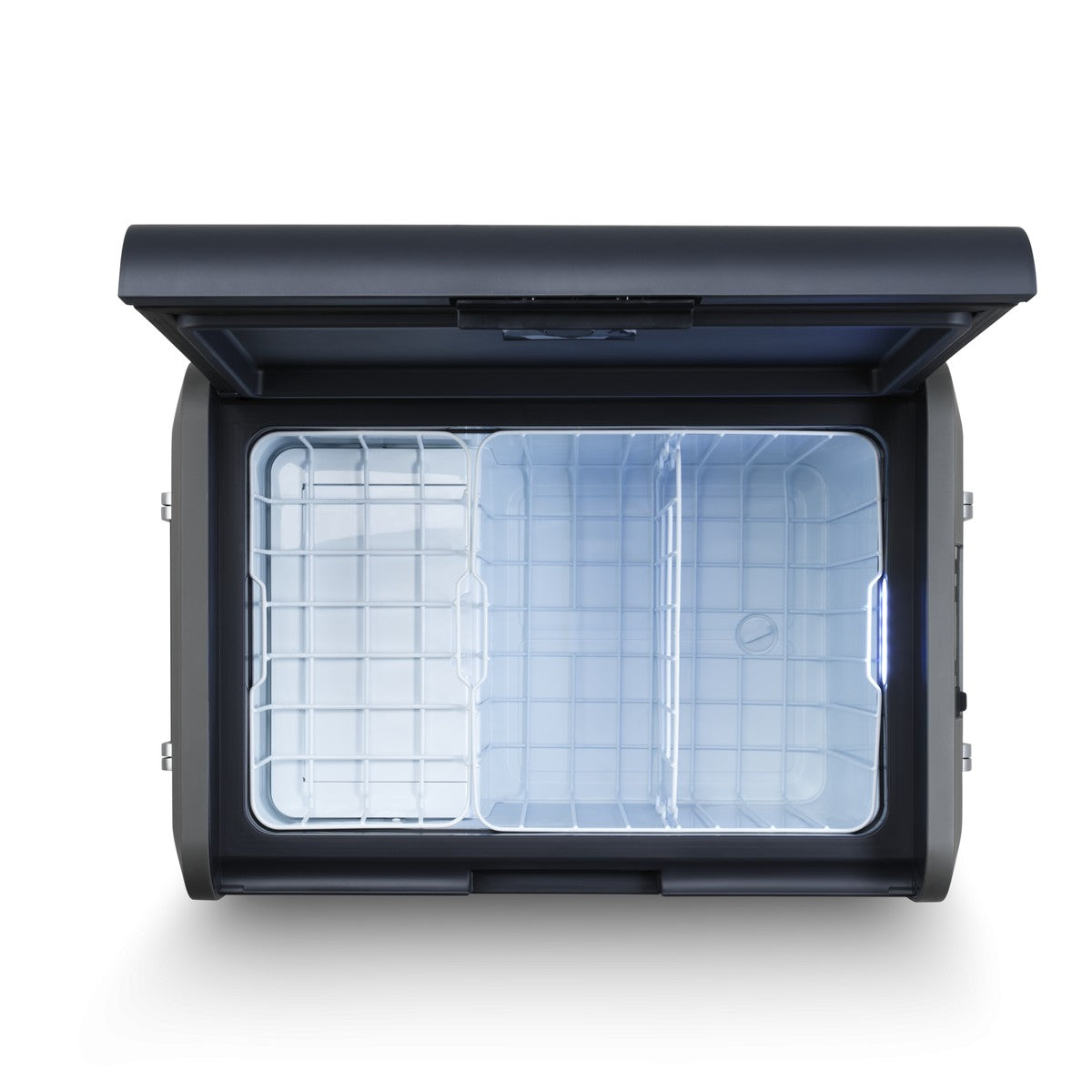 Dometic CFX5 55 with the lid open showing the wire baskets and LED lit interior