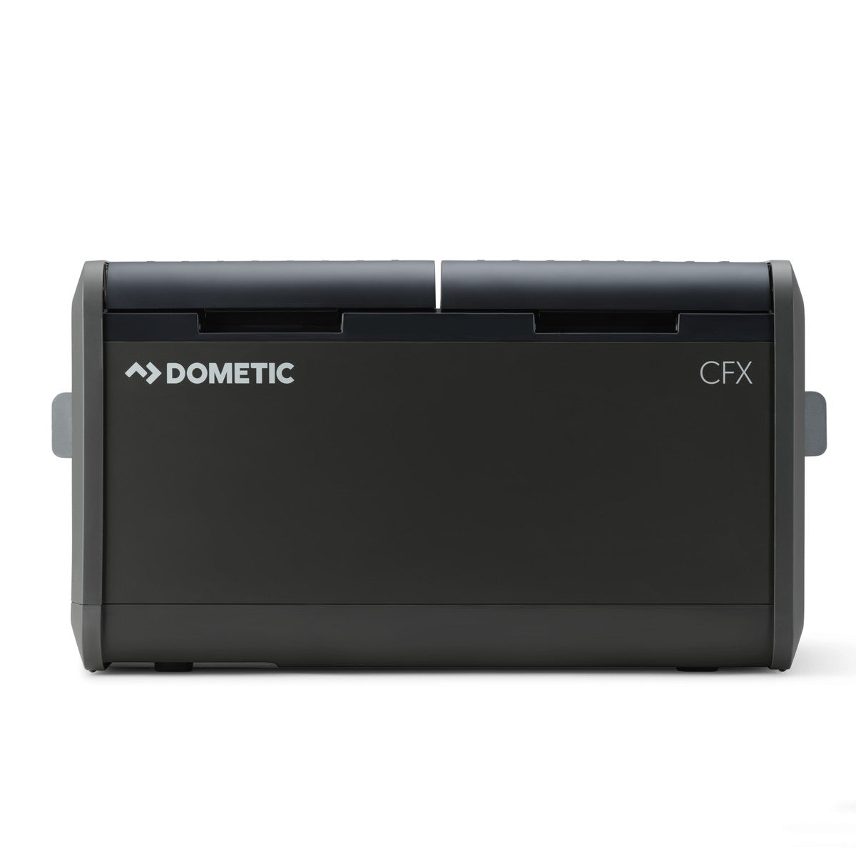 Dometic CFX5 75DZ seen square on from the long side showing the split lid of the two zones