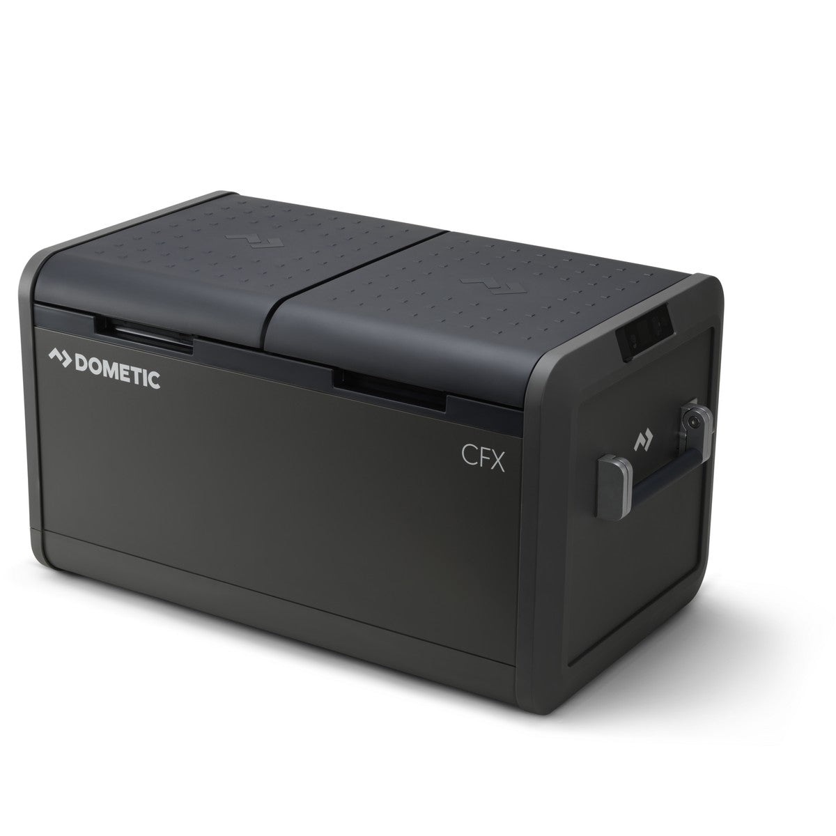 Dometic CFX5 75DZ dual zone portable fridge freezer at a three quarter angle showing both lids closed