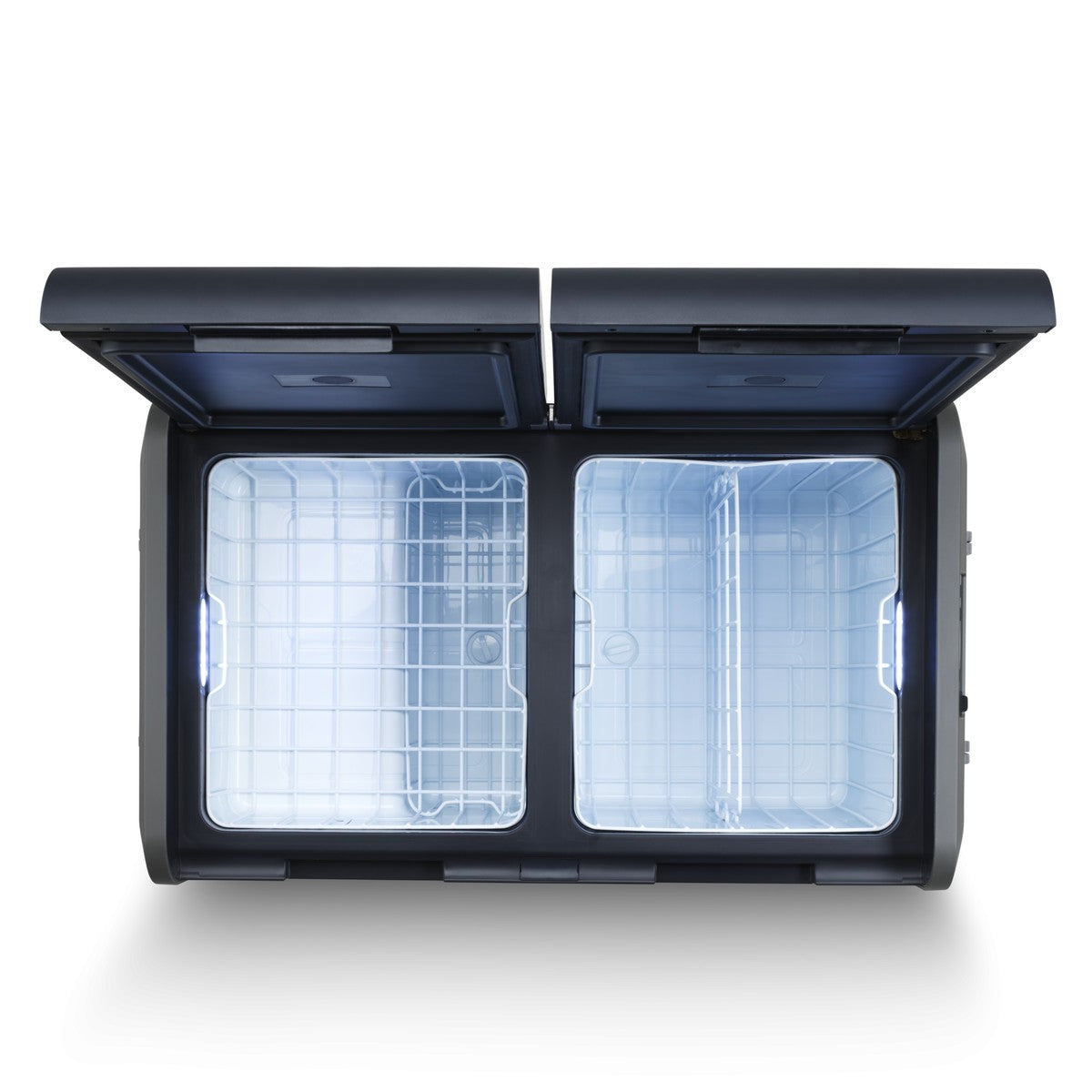 Dometic CFX5 75DZ with both lids open showing the two separate zones and their wire baskets