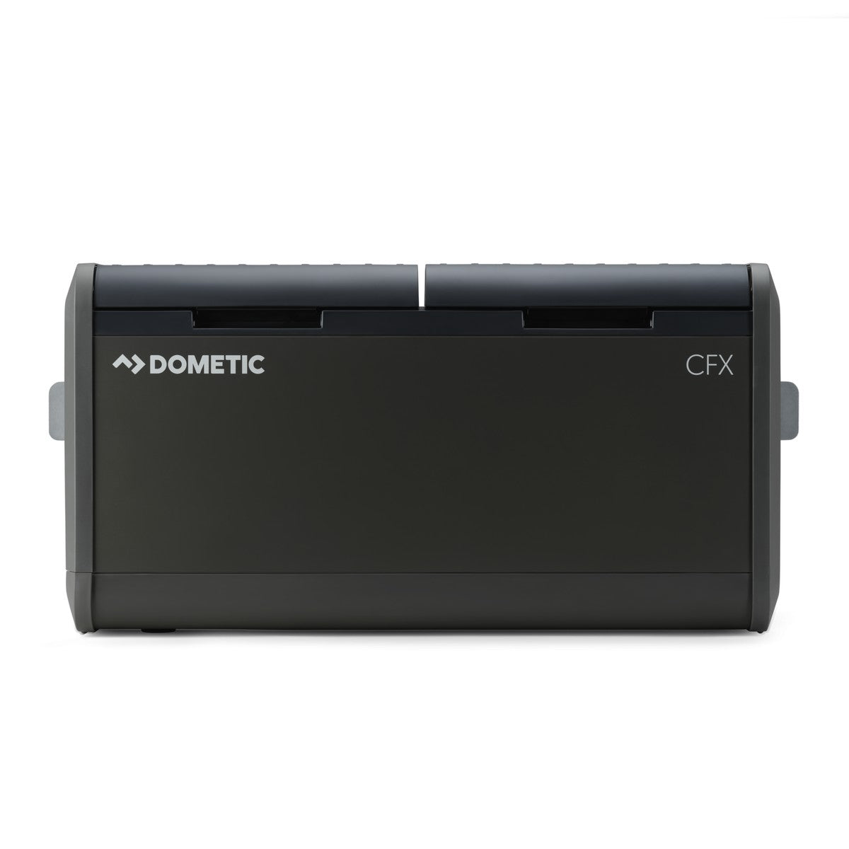 Dometic CFX5 95DZ seen square on from the long side showing the split lid of the two zones
