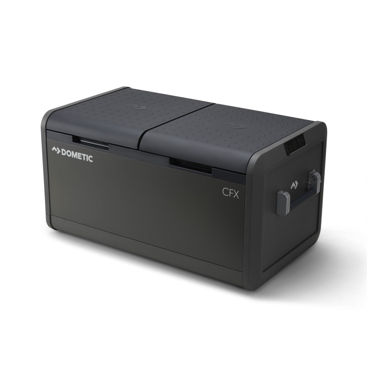 Dometic CFX5 95DZ dual zone portable fridge freezer at a three quarter angle showing both lids closed