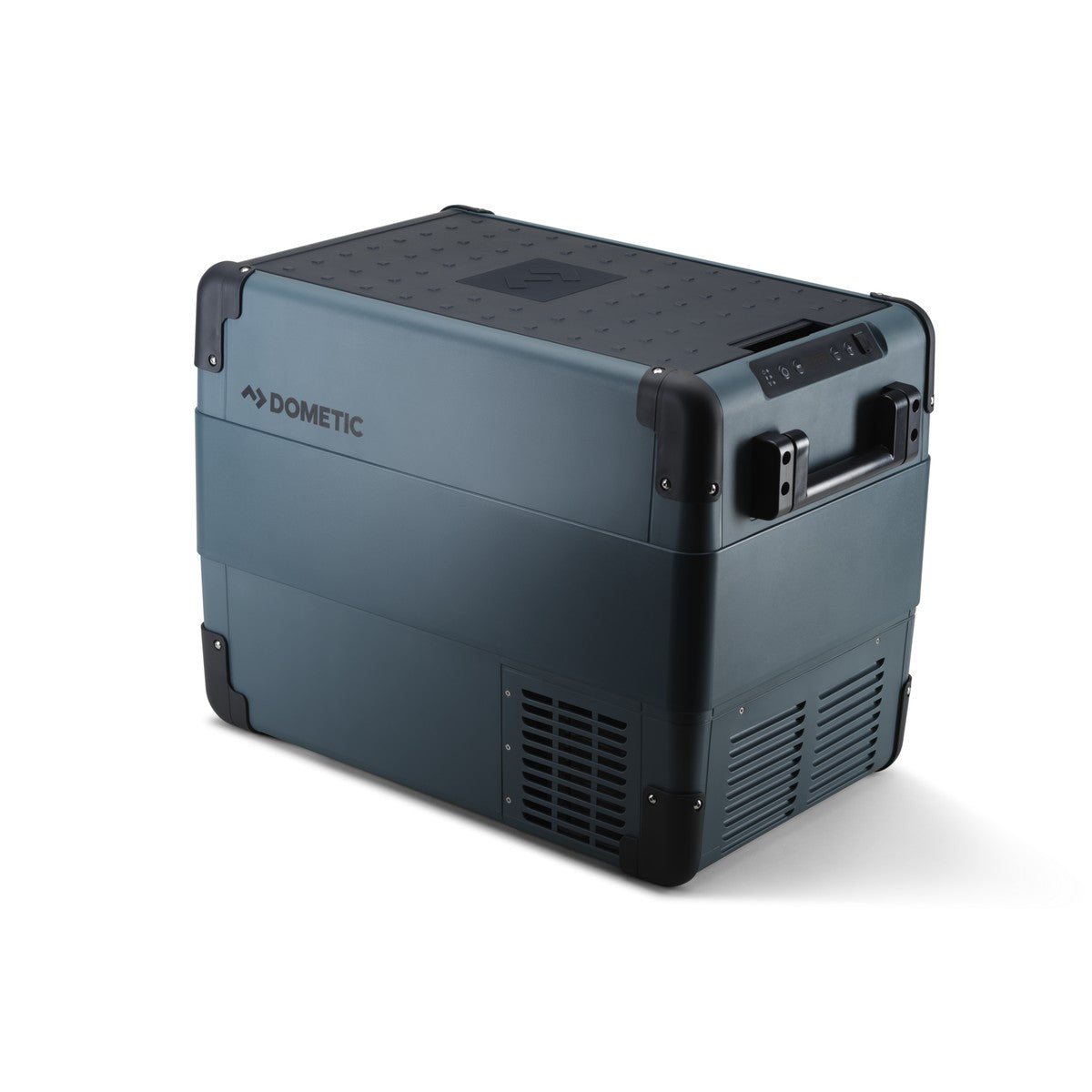 Dometic CFX2 45 portable fridge freezer at a three quarter angle showing the textured lid and Dometic badging