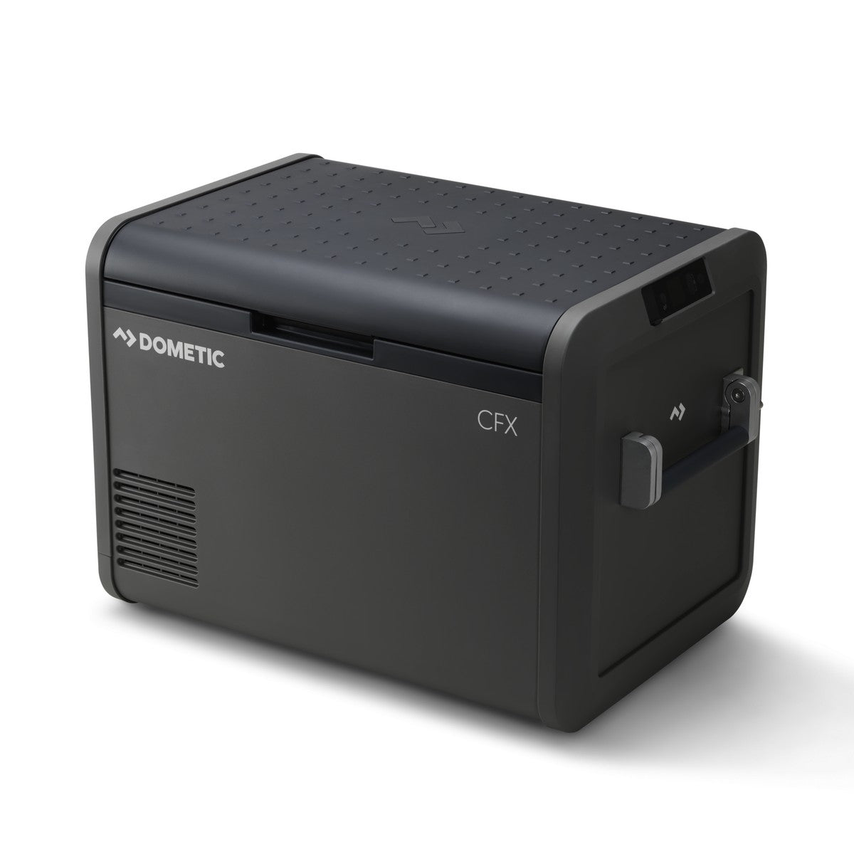 Dometic CFX5 55 portable fridge freezer at a three quarter angle showing the textured lid and Dometic badging