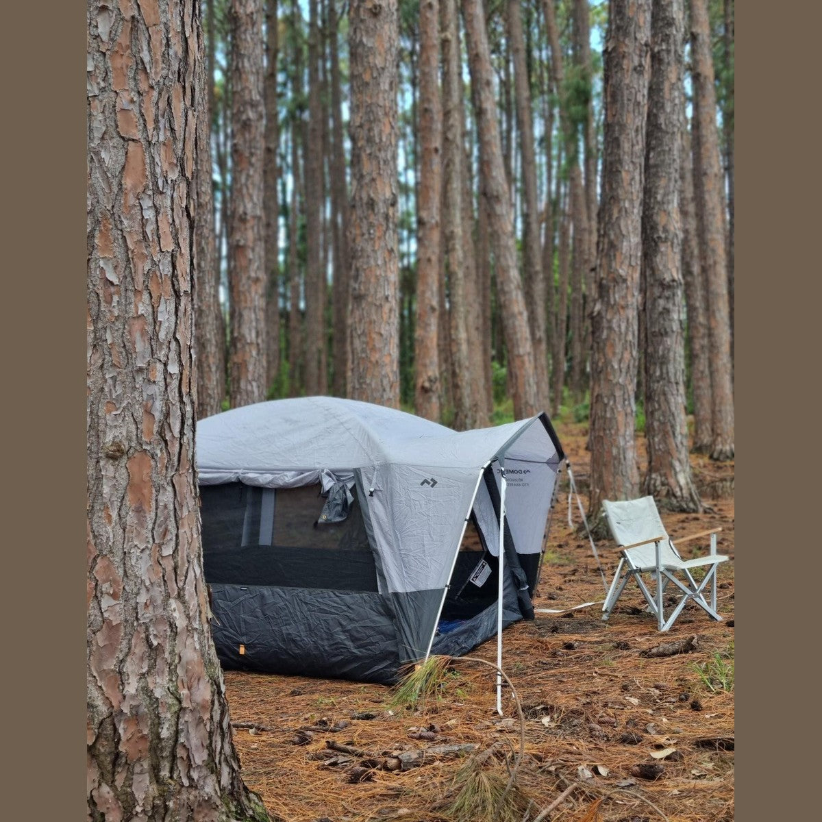 Reunion FTG 4x4 pitched among pine trees with a camp chair set up alongside