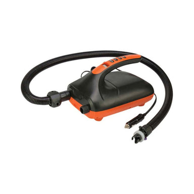 12V Electric Pump 20 PSI with flexible inflation hose and car plug connected.