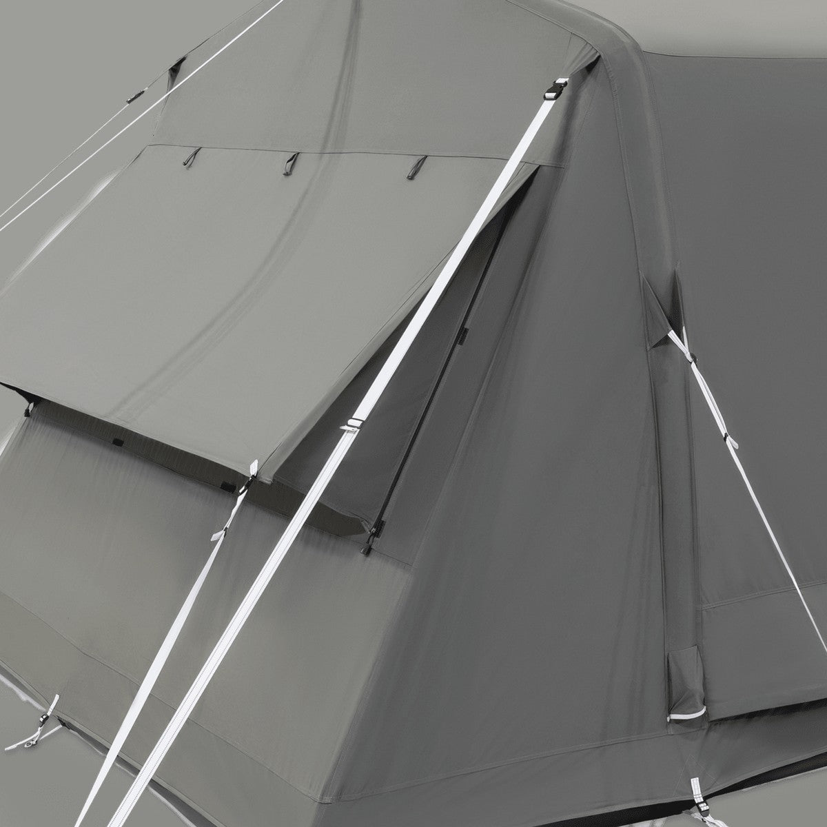 Guy ropes and pole tensioners holding out the side of the Santorini tent