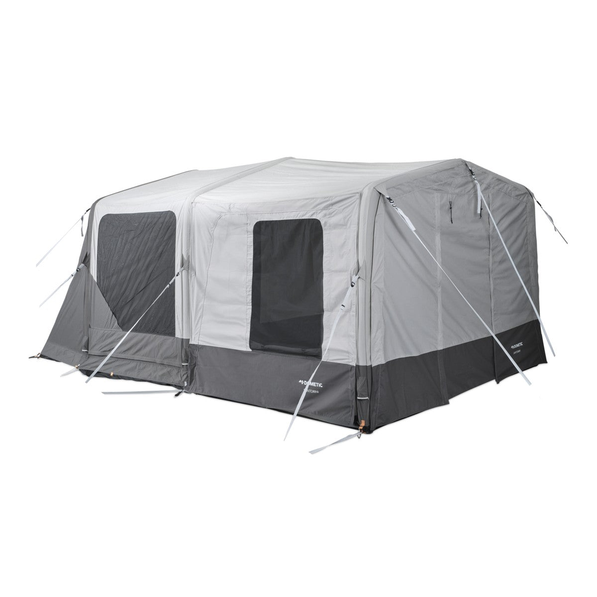 Grey and white Santorini tent shown with the sidewall kit fitted