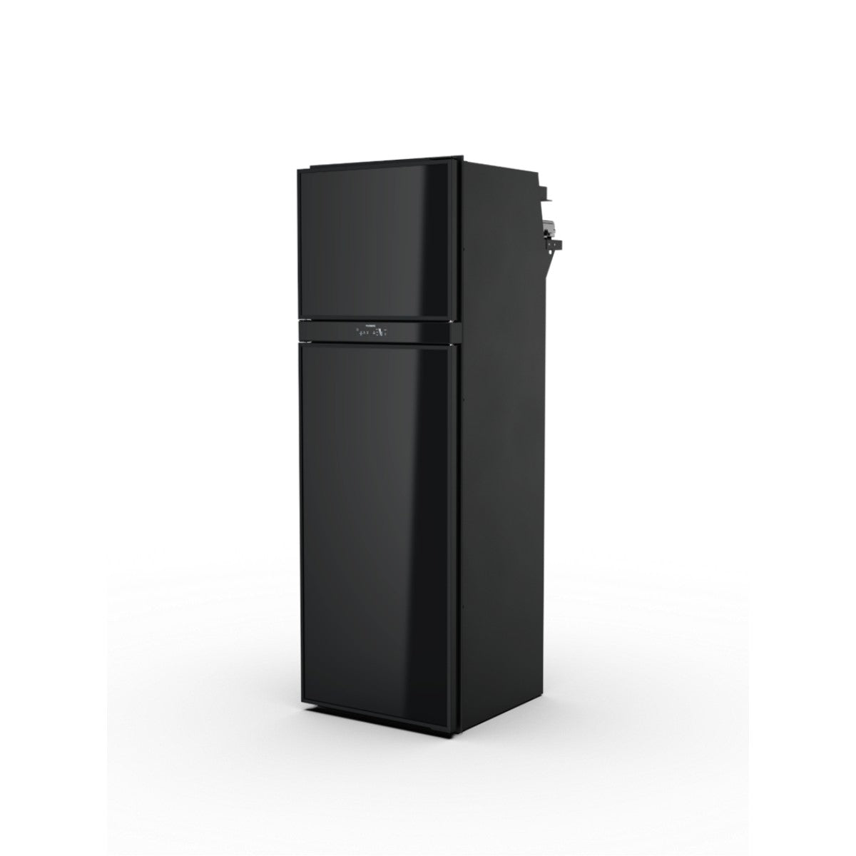 Tall black RUC 8404X compressor caravan fridge freezer with the doors closed