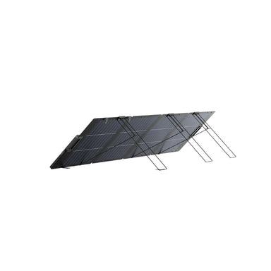 220W lightweight portable bifacial solar panel supported by adjustable kickstands.