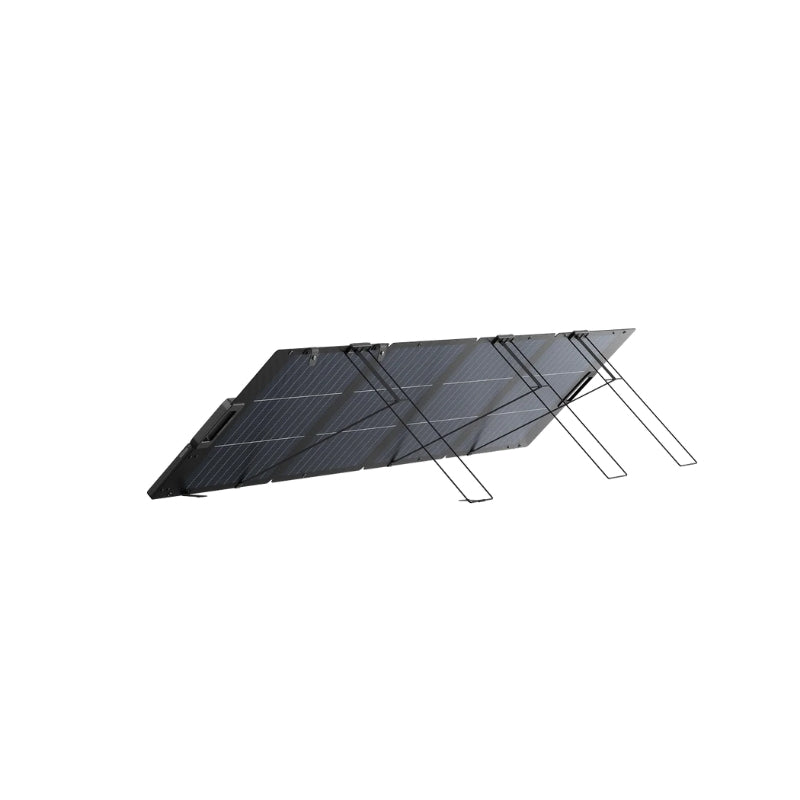 220W lightweight portable bifacial solar panel supported by adjustable kickstands.